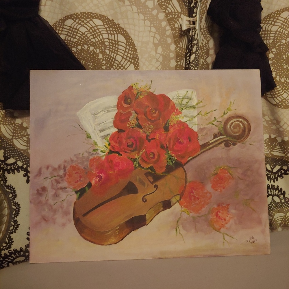 Hand painted violin roses picture